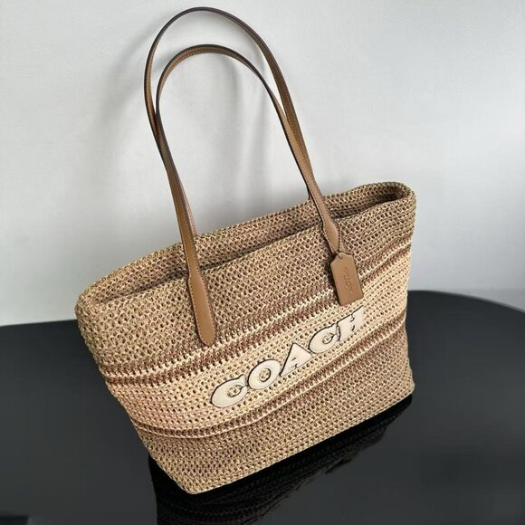 NWT COACH Straw and smooth leather City Tote Bag CBG87 Im/Honey Brown Multi - Picture 1 of 7